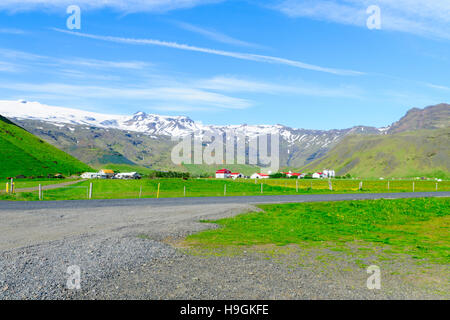 View of the Eyjafjallajokull volcano, with countryside, in south Iceland Stock Photo