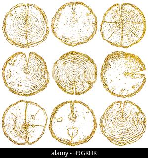Vector wood splits set isolated on the white backdrop. Vector wood splits set with gold glitter for your design, fabric, logo, postcard and others. Stock Vector