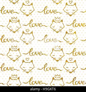 Vector seamless pattern with gold glitter and cute foxes; florals; inscriptions and little objects isolated on white background. Seamless pattern Stock Vector