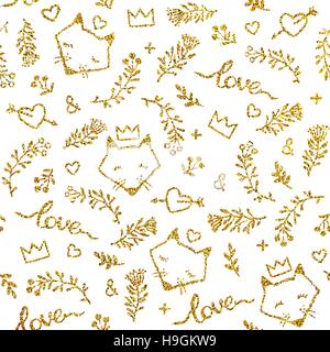 Vector seamless pattern with gold glitter and cute foxes; florals; inscriptions and little objects isolated on white background. Seamless pattern Stock Vector