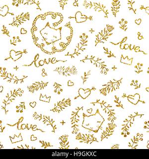 Vector seamless pattern with gold glitter and cute foxes; florals; inscriptions and little objects isolated on white background. Seamless pattern Stock Vector