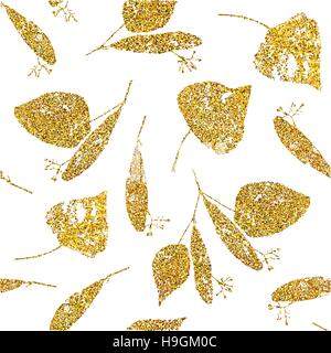 Vector seamless pattern with gold glitter and floral set isolated on white background. Seamless pattern with gold glitter for your design; fabric; pos Stock Vector