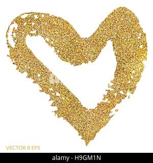 Vector hand drawn heart with gold glitter isolated on white backdrop. Hand drawn vector heart in grunge style for design, postcard, logo and etc. Stock Vector