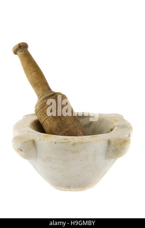 isolated portrait of a old mortar with woode pestle Stock Photo