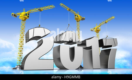 3d illustration of cranes building new 2017 year, over sky background Stock Photo