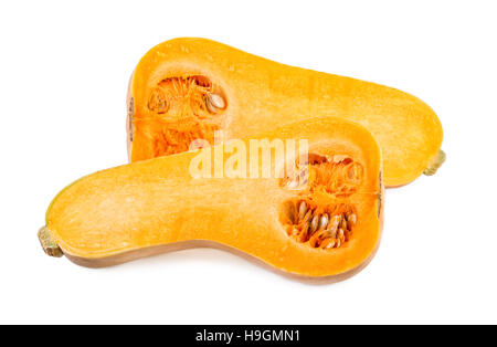 Butternut pumpkin halved. Two halves of butternut squash isolated on white background. Stock Photo