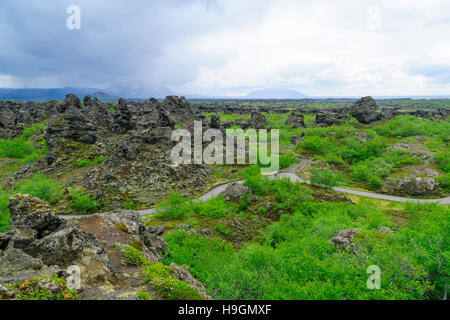 The Dimmuborgir area, with various volcanic caves and rock formations. Near Lake Myvatn, Northeast Iceland Stock Photo