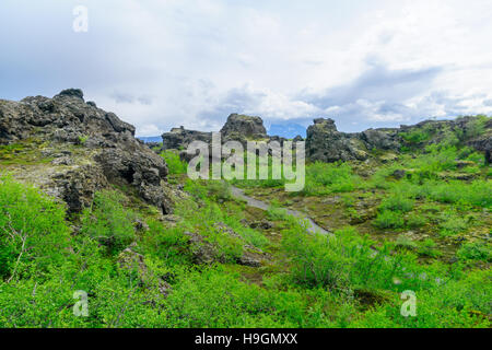 The Dimmuborgir area, with various volcanic caves and rock formations. Near Lake Myvatn, Northeast Iceland Stock Photo