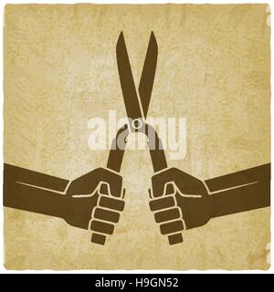 worker hands with shears old background. vector illustration - eps 10 Stock Vector