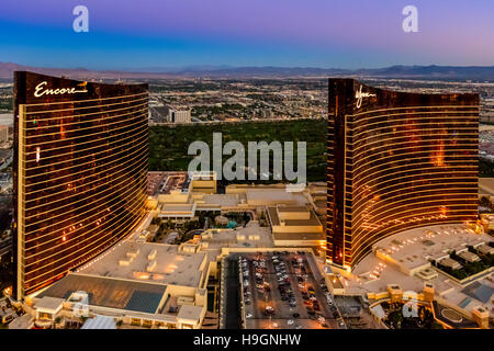 Aerial view of Wynn and Encore Hotels the Strip, Las Vegas, Nevada, USA Stock Photo