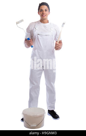 Young house painter and decorator apprentice trainee paint bucket full body portrait man job isolated on a white background Stock Photo