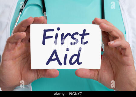 First aid help helping cpr doctor medical accident with sign Stock Photo