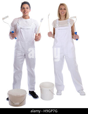 Young house painters decorators apprentice trainees paint bucket full body portrait man job isolated on a white background Stock Photo