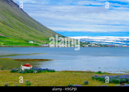 Landscape and view of Isafjordur town, in the west fjords region, Iceland Stock Photo