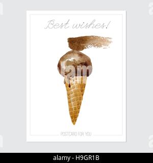 Vector ready to print postcard with watercolor ice cream. Postcard with ice cream and discription isolated on the white background. Stock Vector
