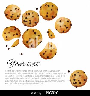 Vector cookies with chocolate watercolor hand drawn. Hand made hand drawn cookies with chocolate isolated on white background. Stock Vector