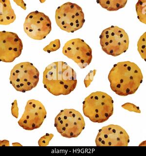 Vector seamless pattern cookies with chocolate watercolor hand drawn. Hand made hand drawn cookies with chocolate isolated on white background. Stock Vector