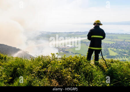 Carrickfergus, Northern Ireland. 02 Jun 2008 - Firefighters tackle a large gorse fire on the side of a hill at Knockagh Stock Photo