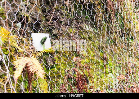 Steel mesh bolted to a rockface to prevent rockfalls. Stock Photo