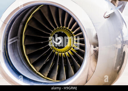 Front engine cowling and turbine blades of the engine of a Boeing 737. Stock Photo