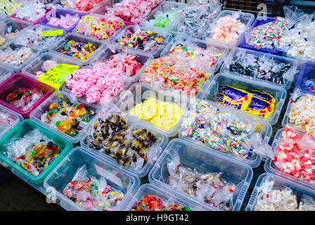 Bags of sweets (10p mix mixes mixups) on sale at a market stall. Stock Photo