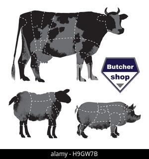 Set of farm animals for butcher shop with anatomic cut Stock Vector