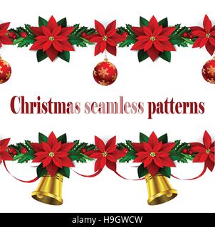 Set of n Seamless borders Bright Fun Christmas Winter Holidays Patterns with poinsettia and green holly and berries and balls Stock Vector
