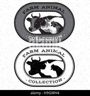Set of farm animals monochrome isolated hand-drawn for markets and shops Stock Vector