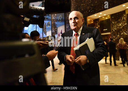New York, USA. 22nd Nov, 2016. Former Mayor Rudy Giuliani (Republican of New York) speaks with members of the media in the lobby of the Trump Tower in New York, New York on 22 November 2016. © dpa picture alliance/Alamy Live News