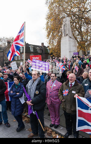 London, UK. 23rd November 2016. Hundreds of pro-Brexit supporters gather to demonstrate outside Houses of Parliament on the day of the Autumn Statement. The main focus of the protest was to demand immediate triggering of Article 50 by the Prime Minister Theresa May and to oppose the recent High Court ruling to give MPs the final decision on the matter. The protesters call on the judges, government and MPs to respect and act on the result of the EU referendum where 52% voted to leave the European Union. Wiktor Szymanowicz/Alamy Live News Stock Photo