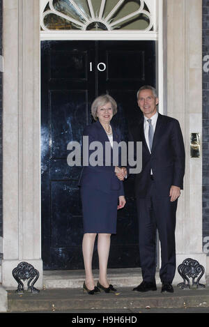 London, UK. 23rd Nov, 2016. British Prime Minister Theresa May (L) meets with NATO Secretary General Jens Stoltenberg at Number 10 Downing Street in London Nov. 23, 2016. Credit:  Tim Ireland/Xinhua/Alamy Live News Stock Photo