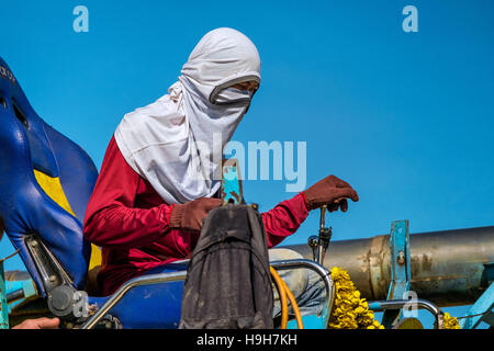 Nakhon Nayok, Thailand. 23rd Nov, 2016. Wearing a t-shirt as protection from the elements and rice chaff, a harvesting machine operator harvests rice in Nakhon Nayok, Thailand Credit:  Lee Craker/Alamy Live News Stock Photo