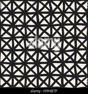 Wavy Hand Drawn Lines Triangles Grid. Vector Seamless Black and White Pattern. Stock Vector