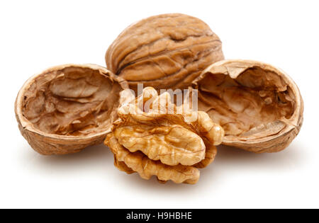 Peeled walnut and its kernels. Isolated on a white background Stock Photo