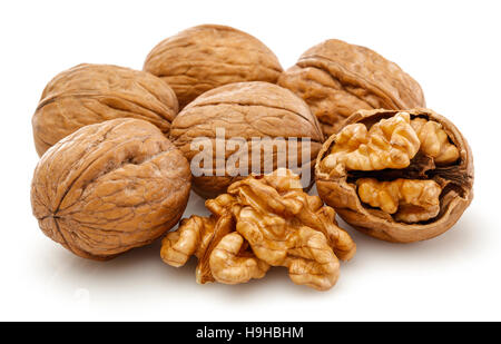 Peeled walnut and its kernels. Isolated on a white background Stock Photo