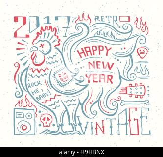 Happy New Year - vector modern flat design hipster quote illustration with a year symbol - rooster Stock Vector