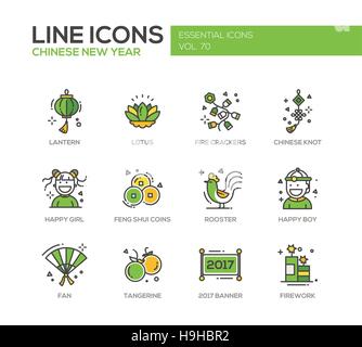 Chinese New Year - set of modern vector line design icons and pictograms. Lantern, lotus, fire crackers, chinese knot, happy girl, boy, feng shui coin Stock Vector