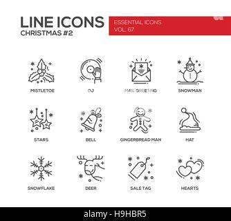 Christmas and New Year - set of modern vector simple line design icons and pictograms. Mistletoe, dj, mail greeting, snowman, stars, bell, gingerbread Stock Vector