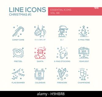 Christmas and New Year - set of modern vector simple line design icons and pictograms. Santa, ornament, elf, x-mas tree, pretzel, candy cane, stocking Stock Vector