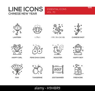 Chinese New Year - set of modern vector line design icons and pictograms. Lantern, lotus, fire crackers, chinese knot, happy girl, boy, feng shui coin Stock Vector