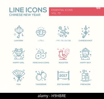 Chinese New Year - set of modern vector line design icons and pictograms. Lantern, lotus, fire crackers, chinese knot, happy girl, boy, feng shui coin Stock Vector