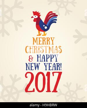 Merry Christmas and Happy New Year 2017 - vector modern flat design hipster illustration with a year symbol - rooster Stock Vector