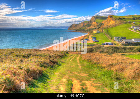 Coast path Eype Dorset Jurassic coastline in bright colourful HDR south of Bridport and near West Bay England UK Stock Photo