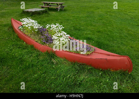 Canoe filled with plants and flowers as garden decoration Stock Photo