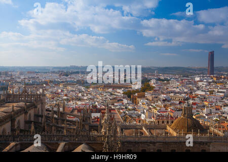 Aerial view from the top of Seville Cathedral, Spain. Seville Cathedral is the largest Gothic cathedral and the third-largest church in the world. Stock Photo