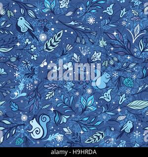 Seamless sketch new year blue winter background with leaves and animals Stock Vector