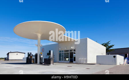 The petrol station on the coastal road at Skovshoved Harbour designed by modernist architect Arne Jacobsen. Just north of Copenhagen, Denmark Stock Photo