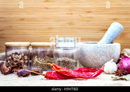 Assortment of spices ingredients and paste of thai popular food Stock Photo