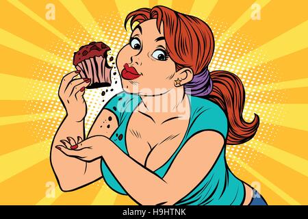 Diet concept woman eating cupcake Stock Vector