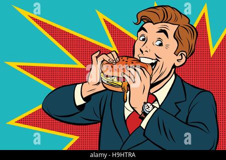 Pop art man eating a Burger Stock Vector